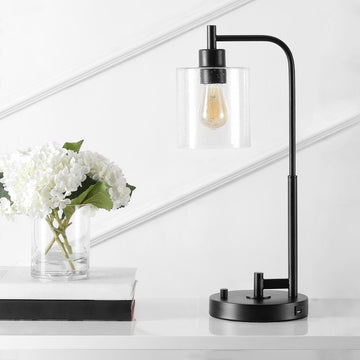 Axel Modern 23" Iron/Seeded Glass Farmhouse Industrial USB Charging LED Task Lamp - JONATHAN Y